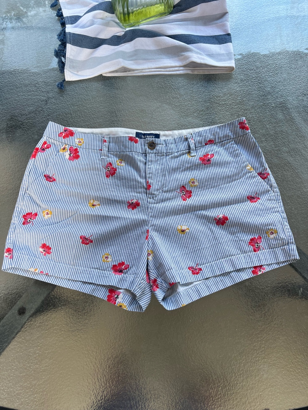 Old Navy Blue-and-White Striped Bermuda Shorts with Red and Yellow Floral Print